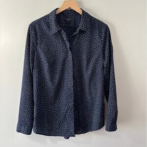 Talbots Soft Button Up Navy Polka Dot Shirt Blouse Size Large